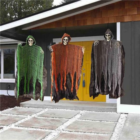 3 Pack Halloween Hanging Ghost Outdoor Decor, 36" Hanging Skeleton Grim Reaper - Picture 4 of 7